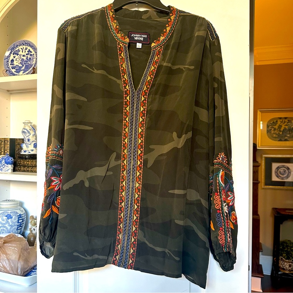 JOHNNY WAS Laila Paris Effortless silk embroidered camo blouse, dressy or casual